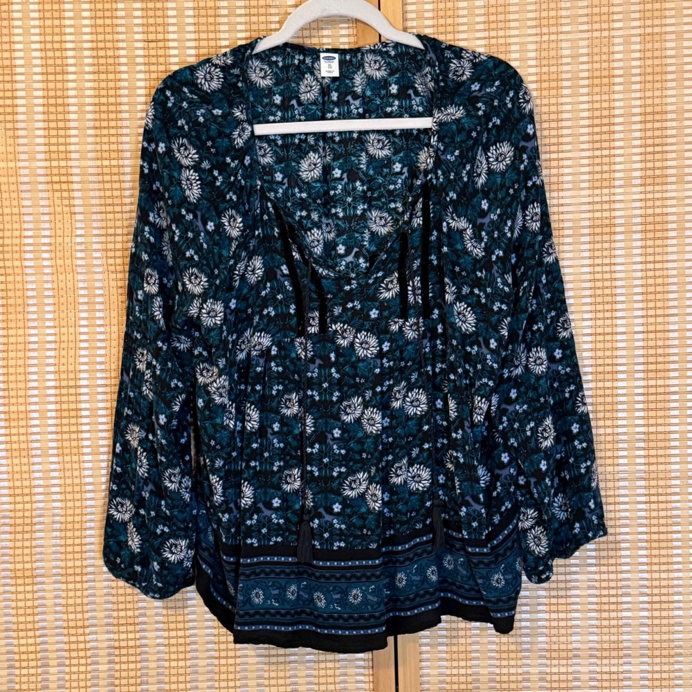 Old Navy Teal Floral Velvet Tie Tassel Peasant Blouse XL Bohemian Top